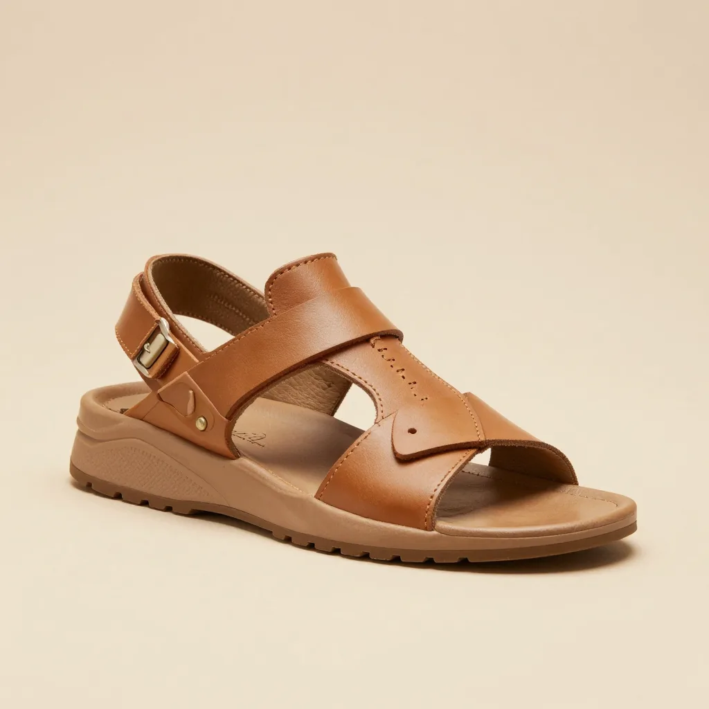 A classic tan leather huarache sandal on a light background