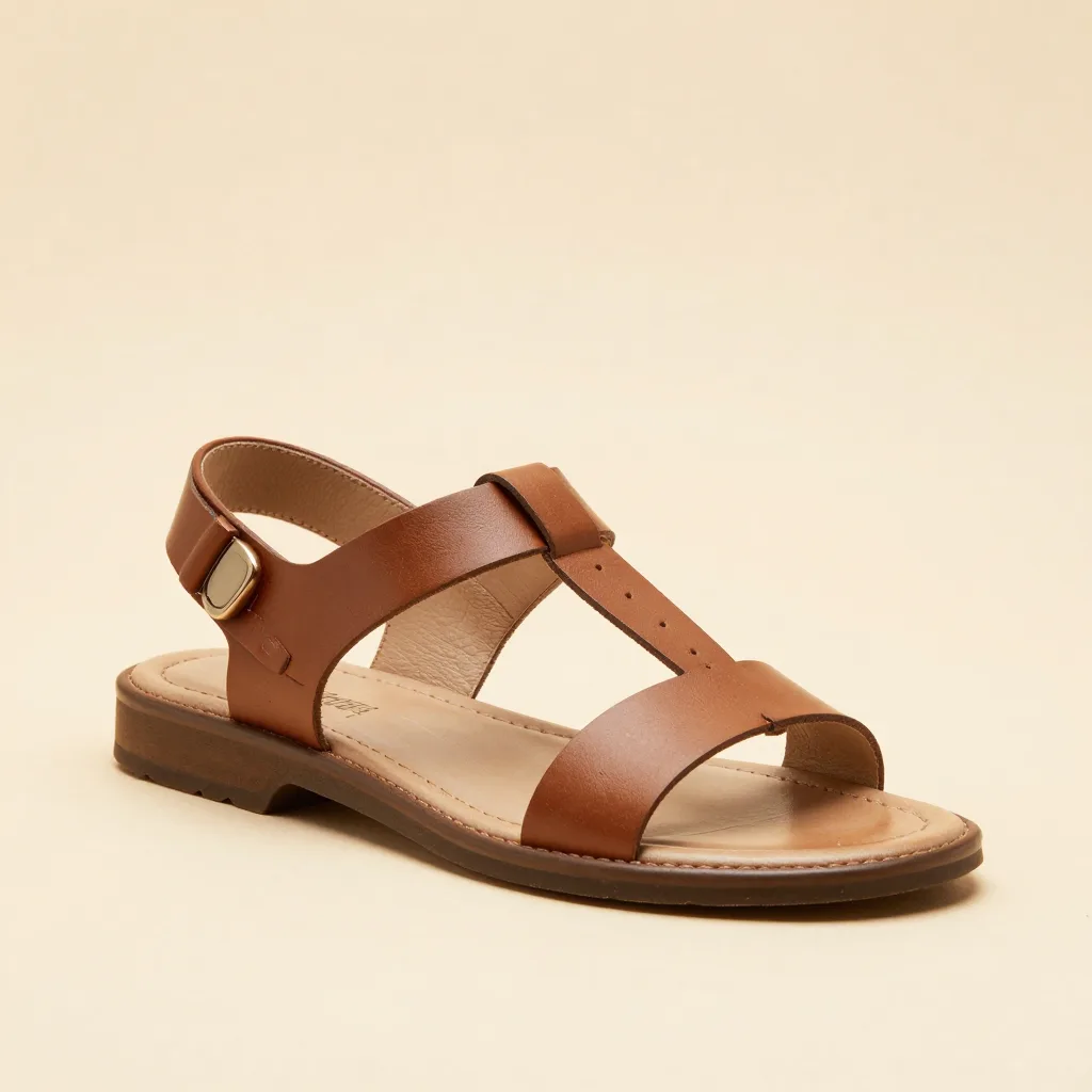 A T-strap leather huarache sandal on a light background