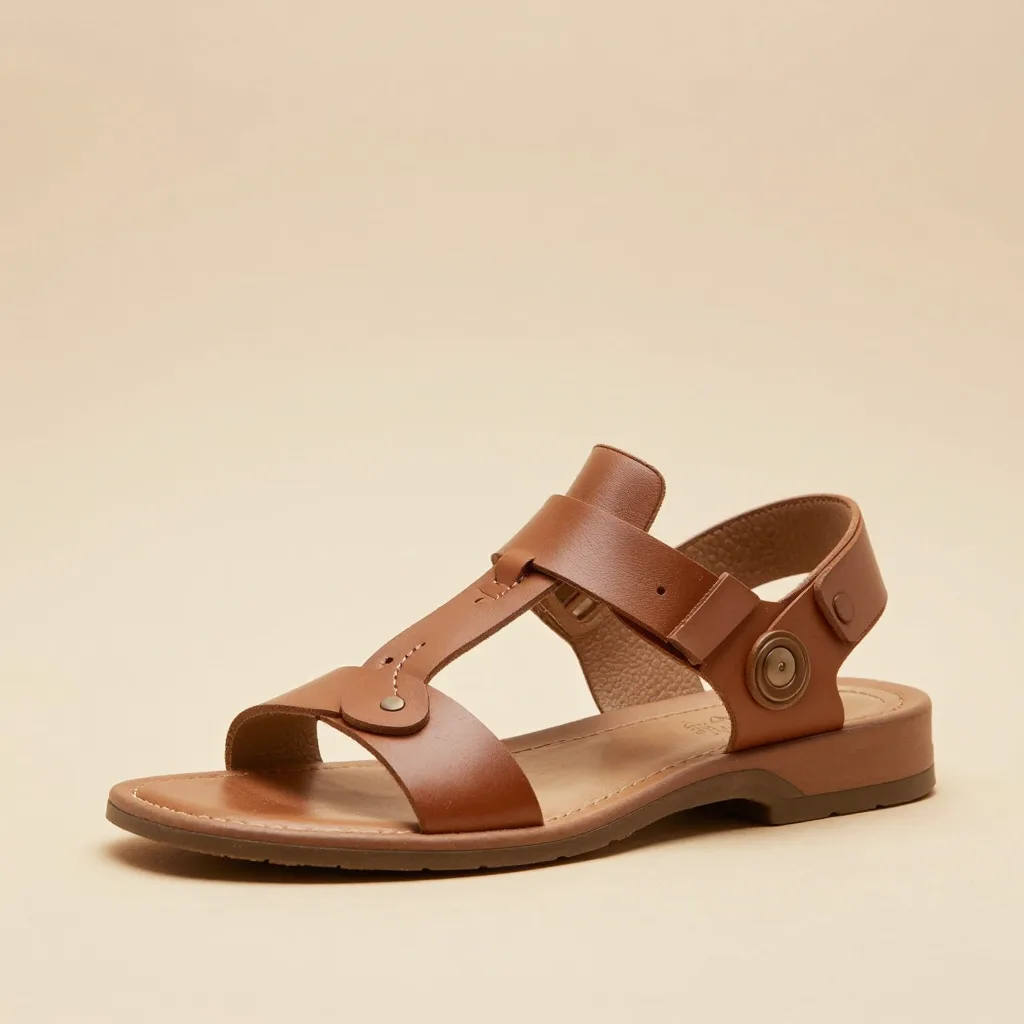 A flat leather huarache sandal on a light background