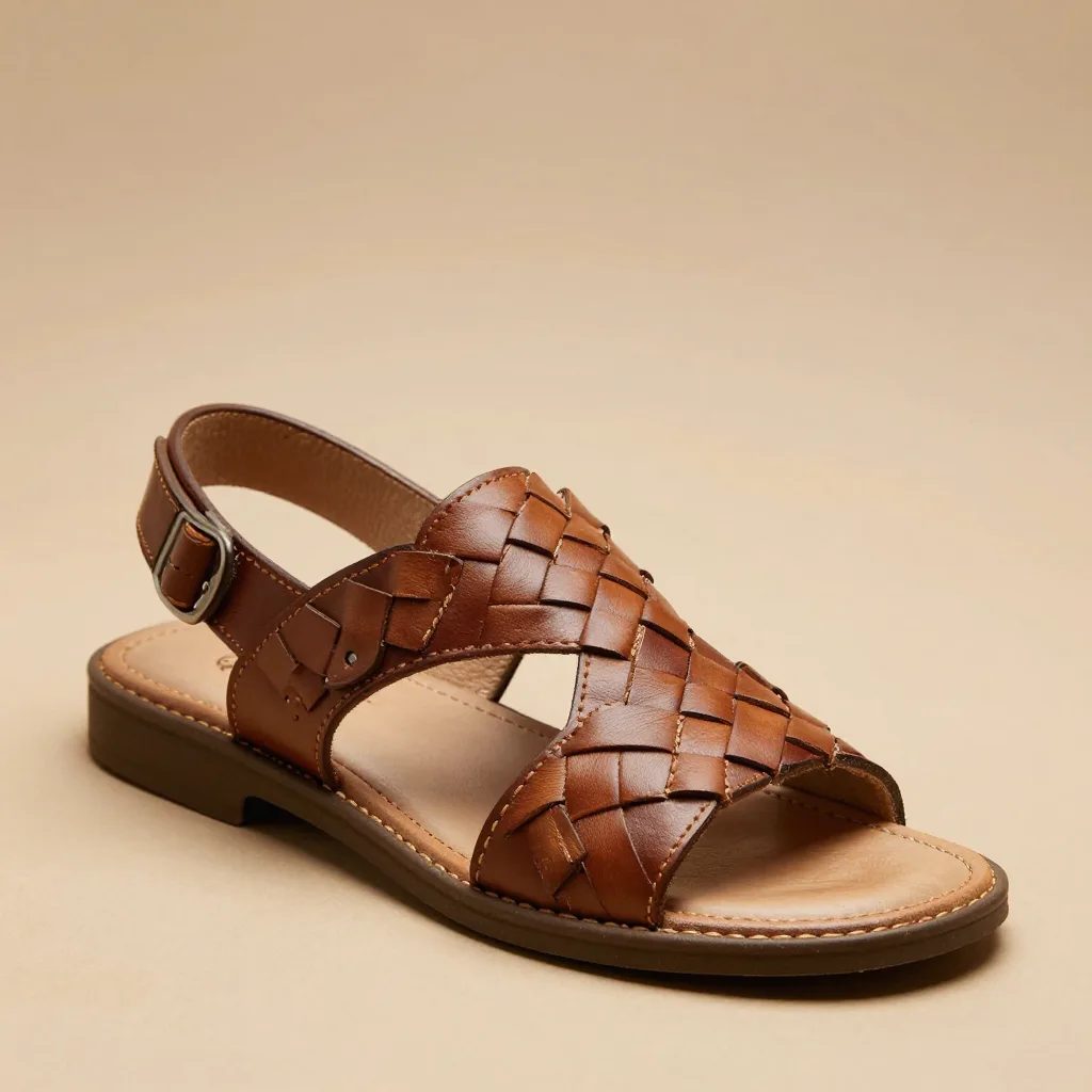A densely woven leather huarache sandal on a light background