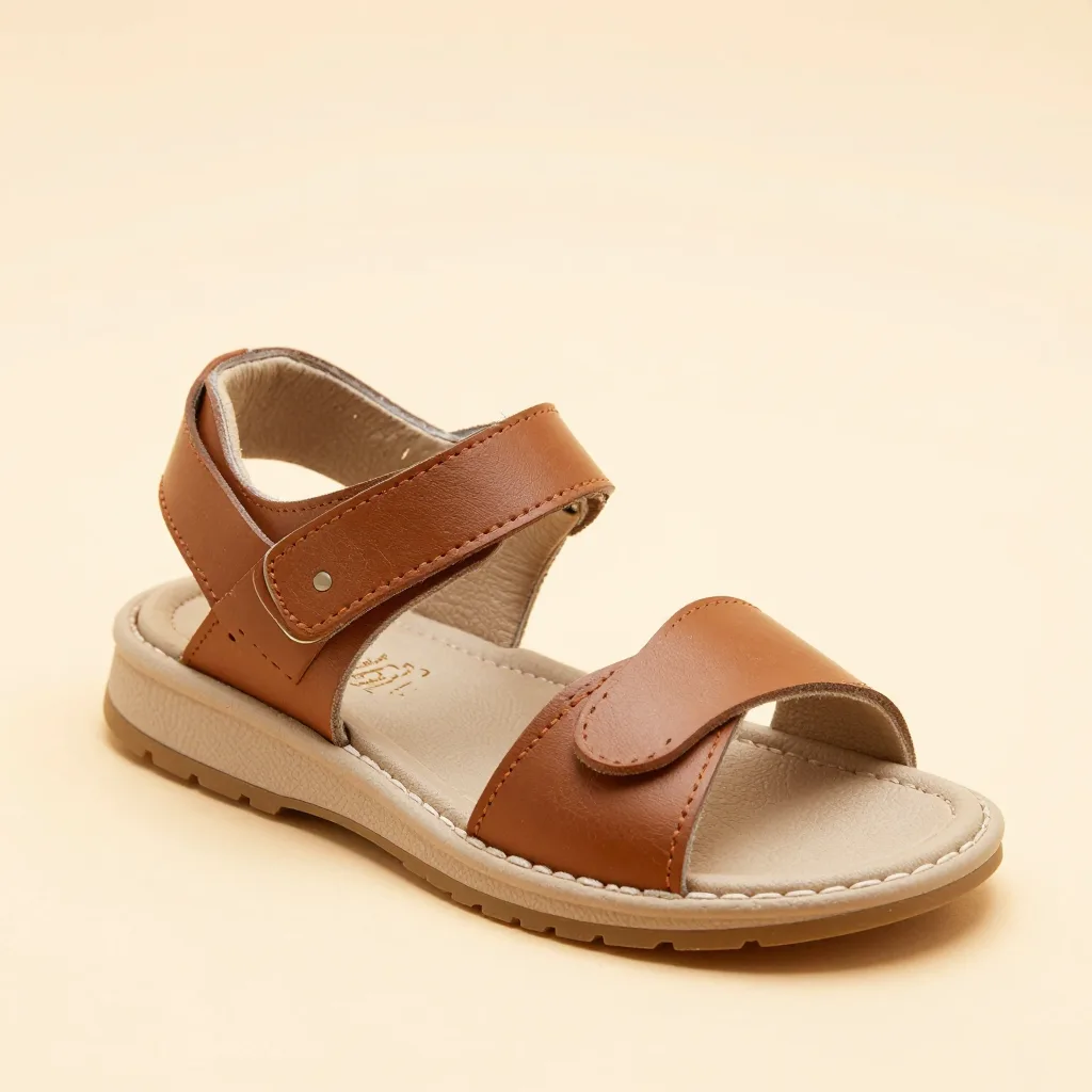 A kids leather huarache sandal on a light background