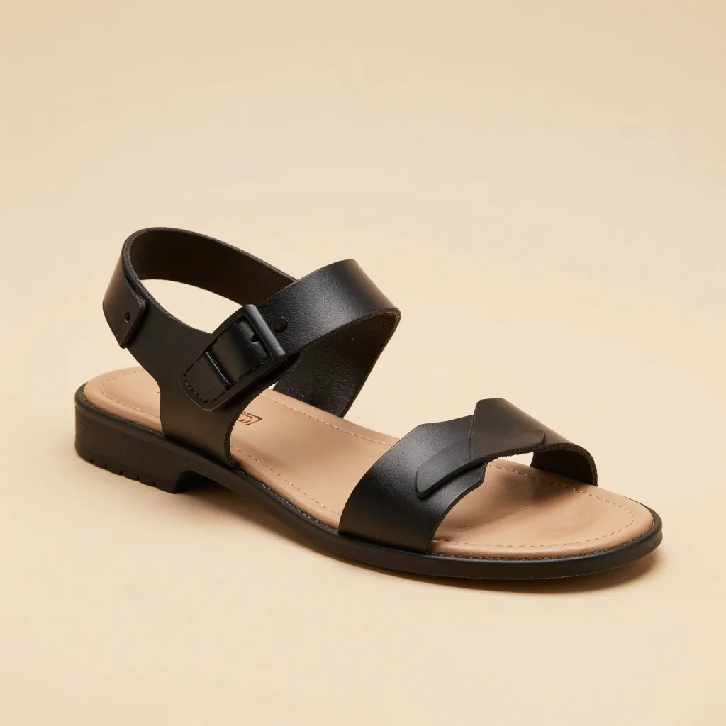A black leather huarache sandal on a light background